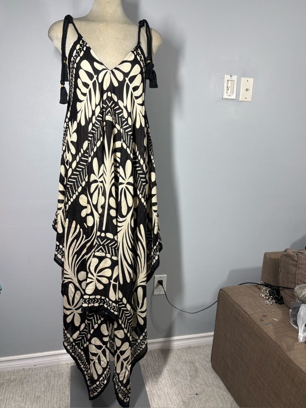 Black & Cream Floral High-Low Sundress with Tassel Straps